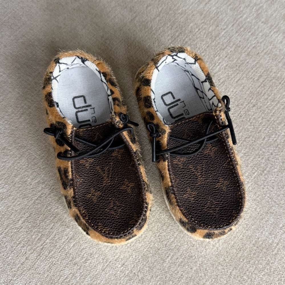 LV Brown Monogram Cheetah Toddler Hey Dude Shoes